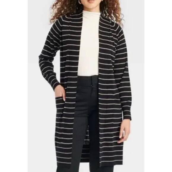 A New Day Black White Striped Open Front Cardigan Sweater XS - Picture 1 of 6